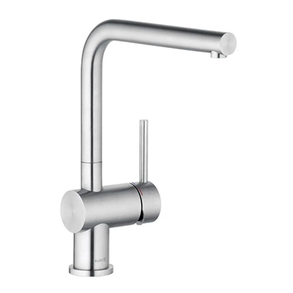 Edelstahl-Faucet von Kludi mit einem langen, gebogenen Auslauf und einem seitlichen Hebel zur Steuerung des Wasserflusses. Schlichte, funktionale Gestaltung.